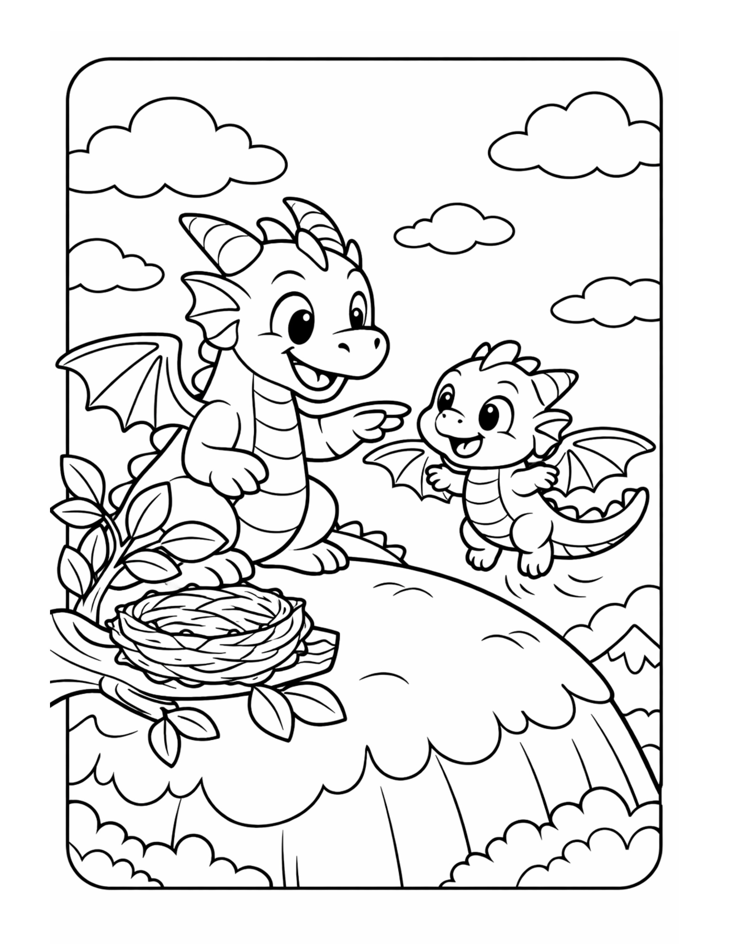 AI coloring page of a baby dragon learning to fly
