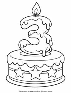 Number three candle on a cake coloring page