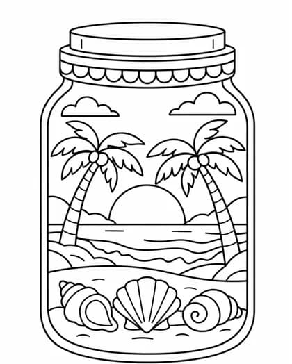 Beach sunset inside a jar coloring page