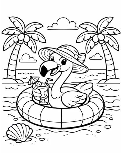 Flamingo float with a drink coloring page