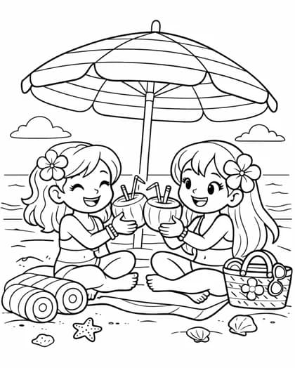 Two girls drinking coconuts under an umbrella coloring page