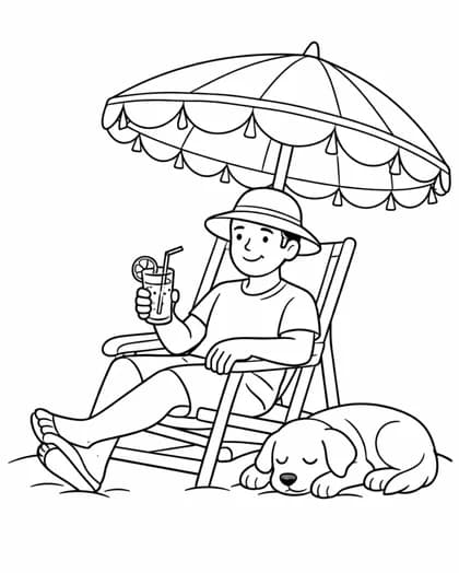 Man relaxing under a beach umbrella coloring page