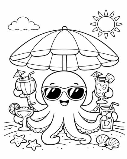 Octopus holding drinks under an umbrella coloring page