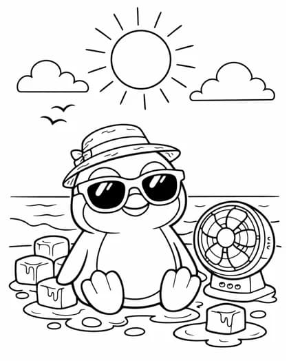 Penguin in sunglasses on the beach coloring page