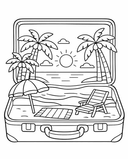 Suitcase with a beach scene inside coloring page