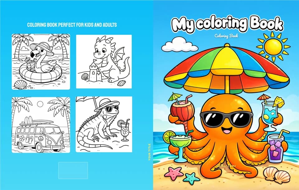 Beach coloring book cover and back cover