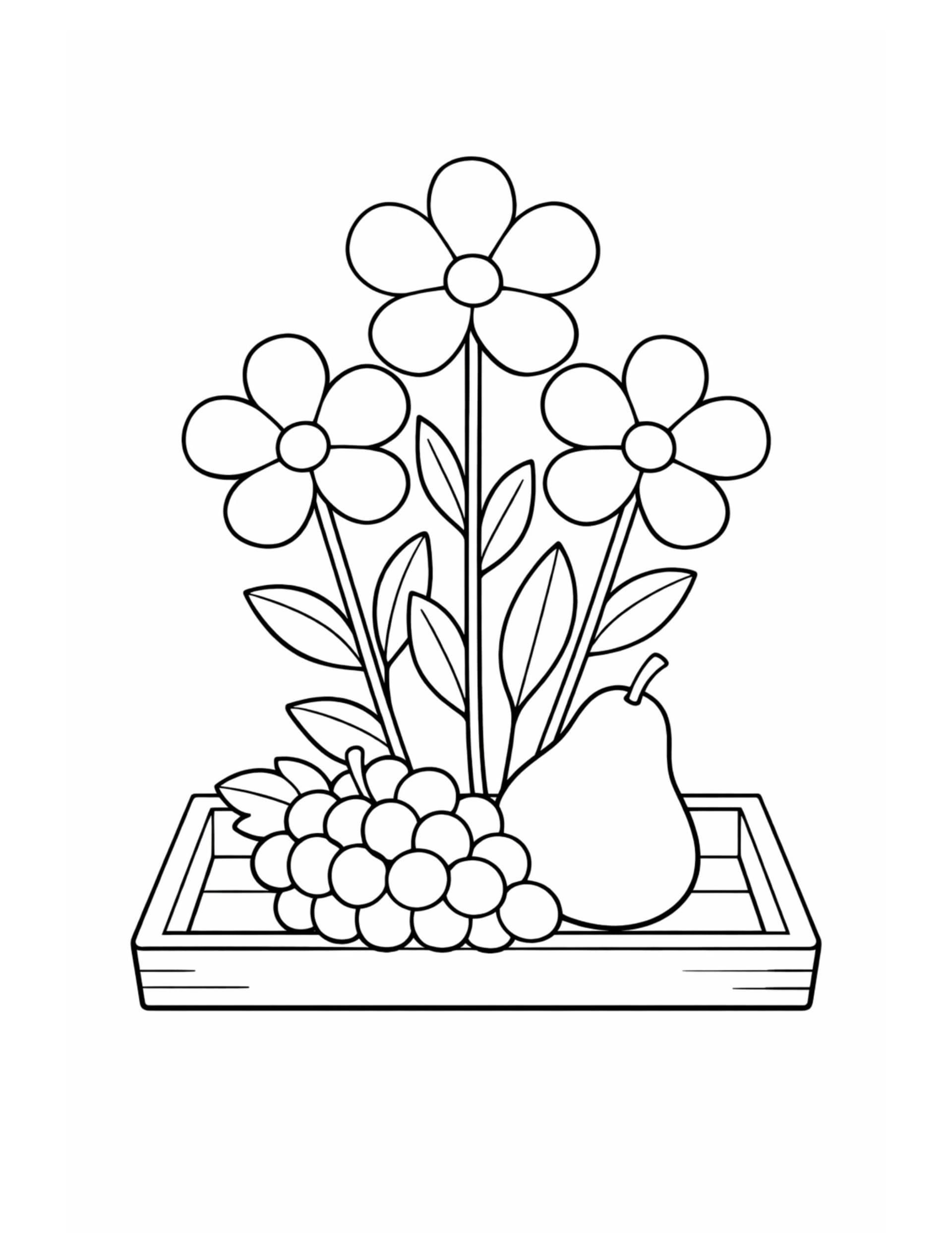 flowers with pear and grapes coloring page featuring a wooden tray still life line art coloring page
