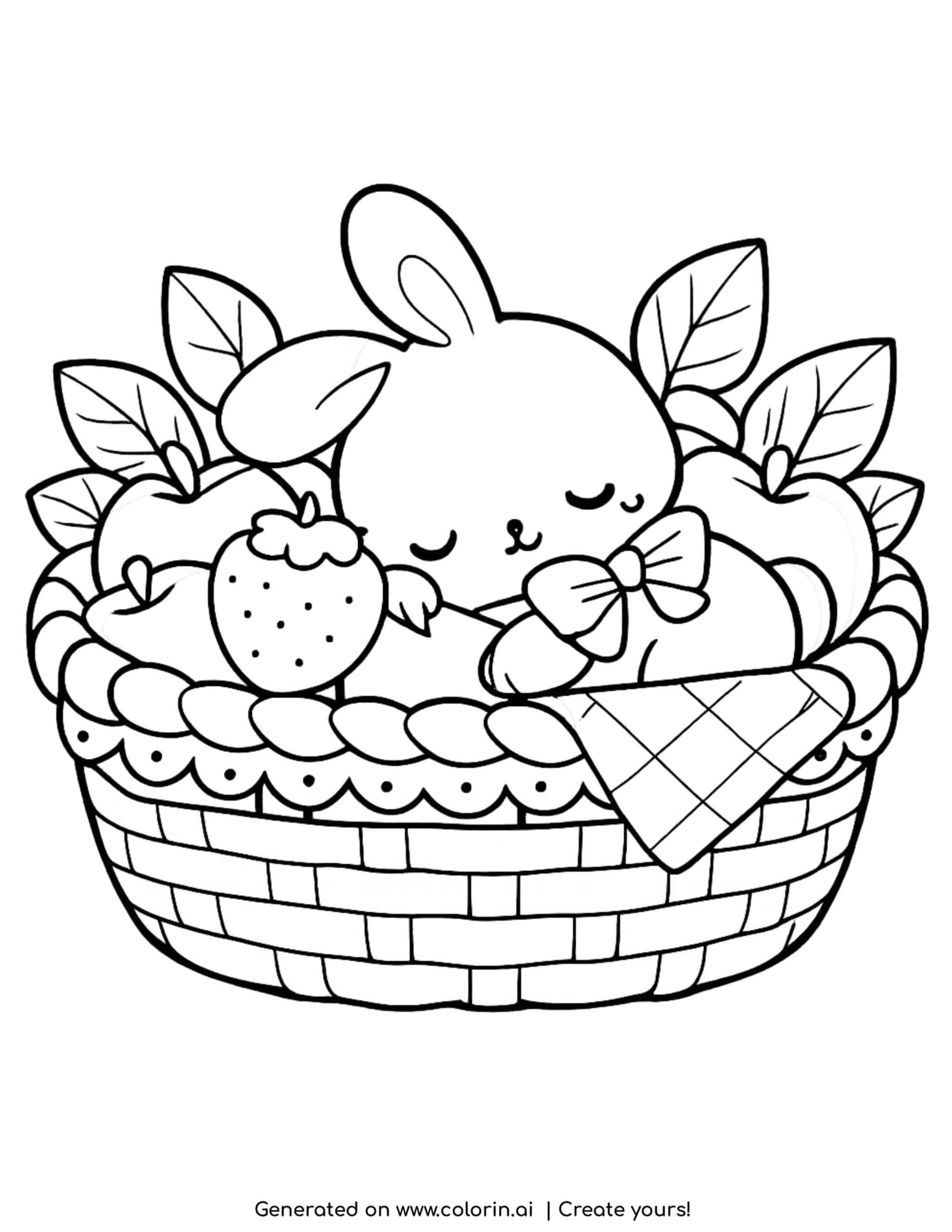 cute sleeping bunny in basket with fruits and leaves coloring page