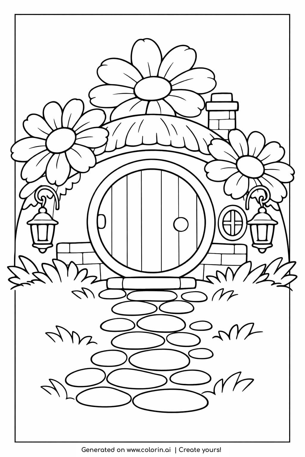 round hobbit house with flower arch coloring page with lanterns and stone path