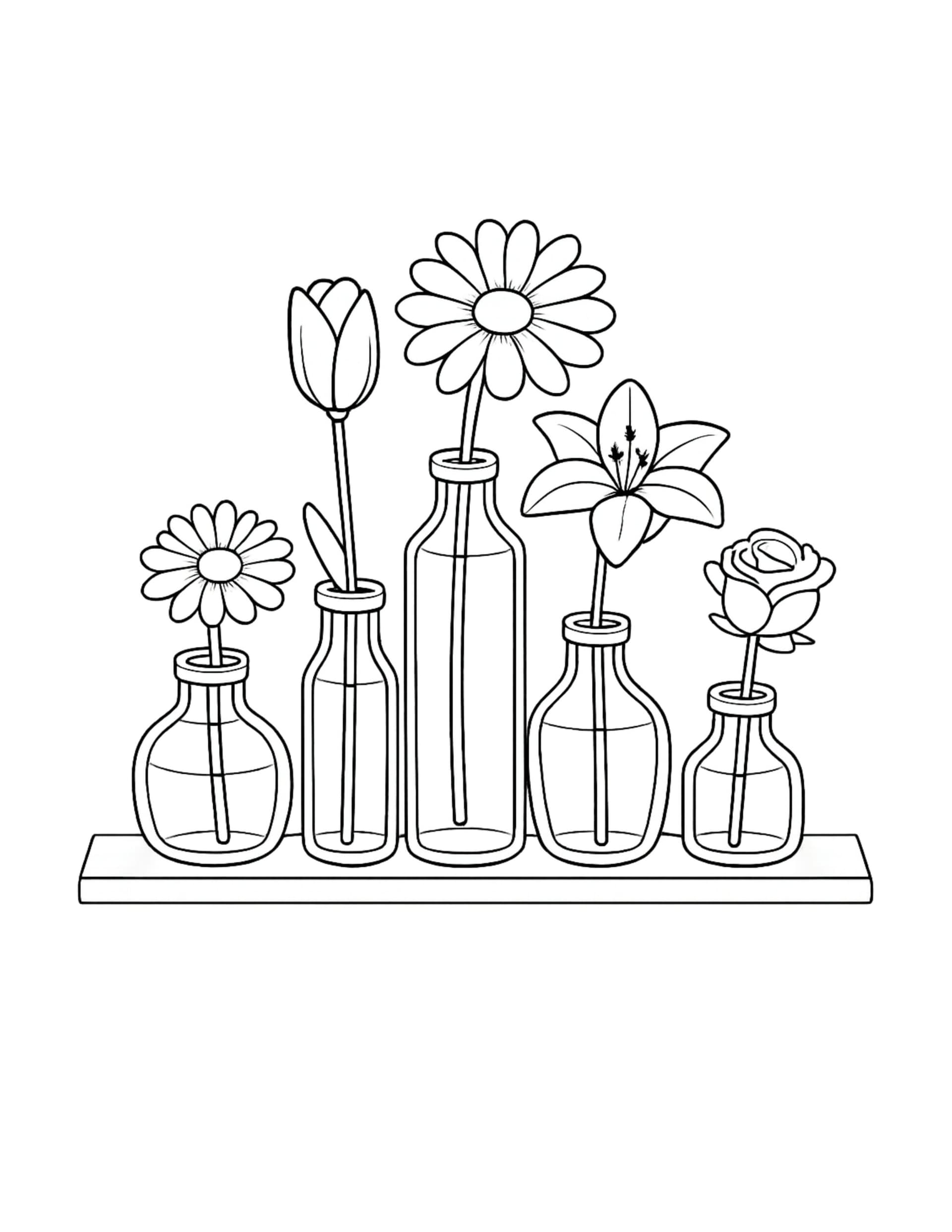 flowers in glass bottles row coloring page with five small vases on a shelf and single blooms, clean outlines coloring page