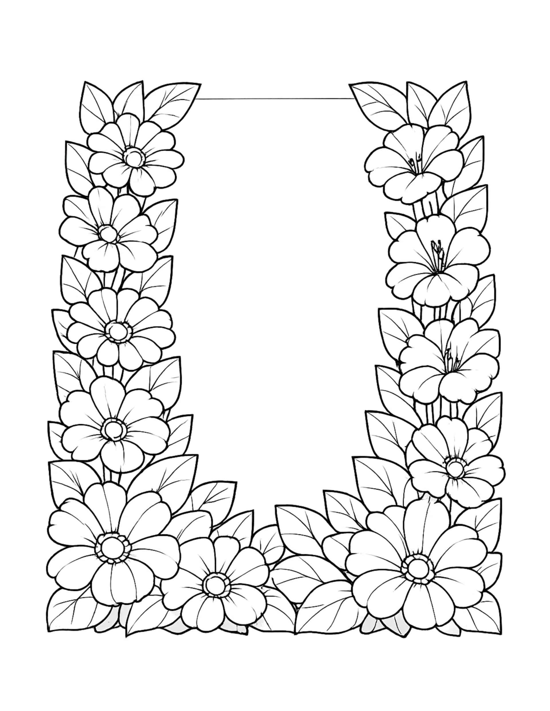 floral border frame coloring page with detailed flowers and leaves coloring page