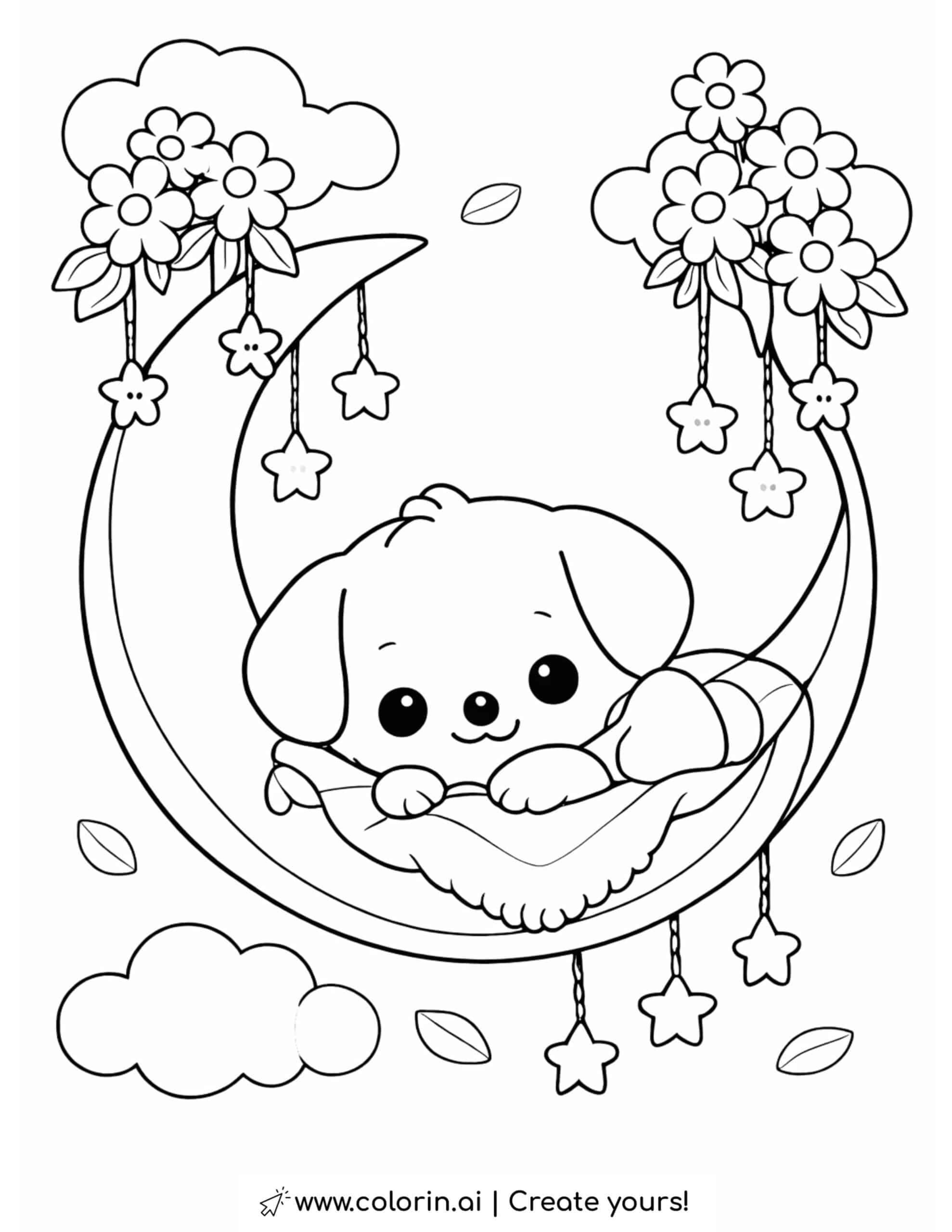 puppy resting in moon swing coloring page with flowers clouds stars and cozy blanket line art