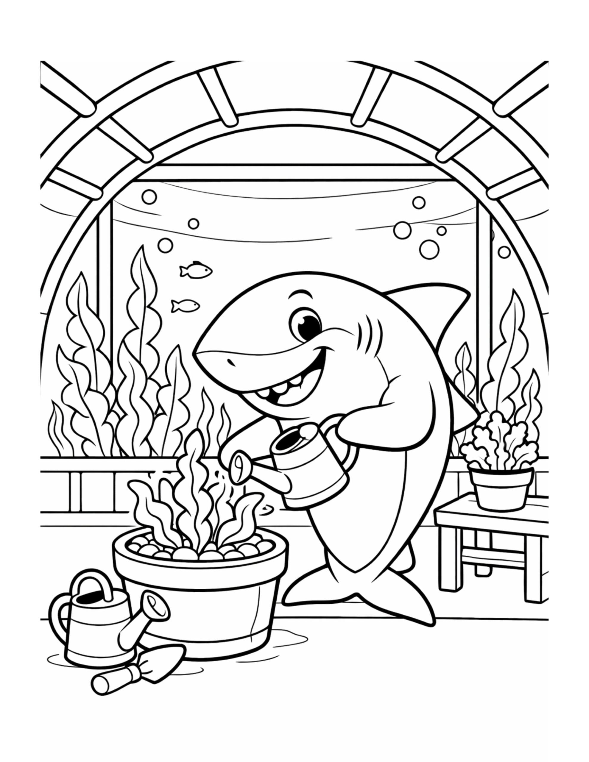 shark watering potted sea plants coloring page with a smiling shark using a watering can in an underwater garden coloring page
