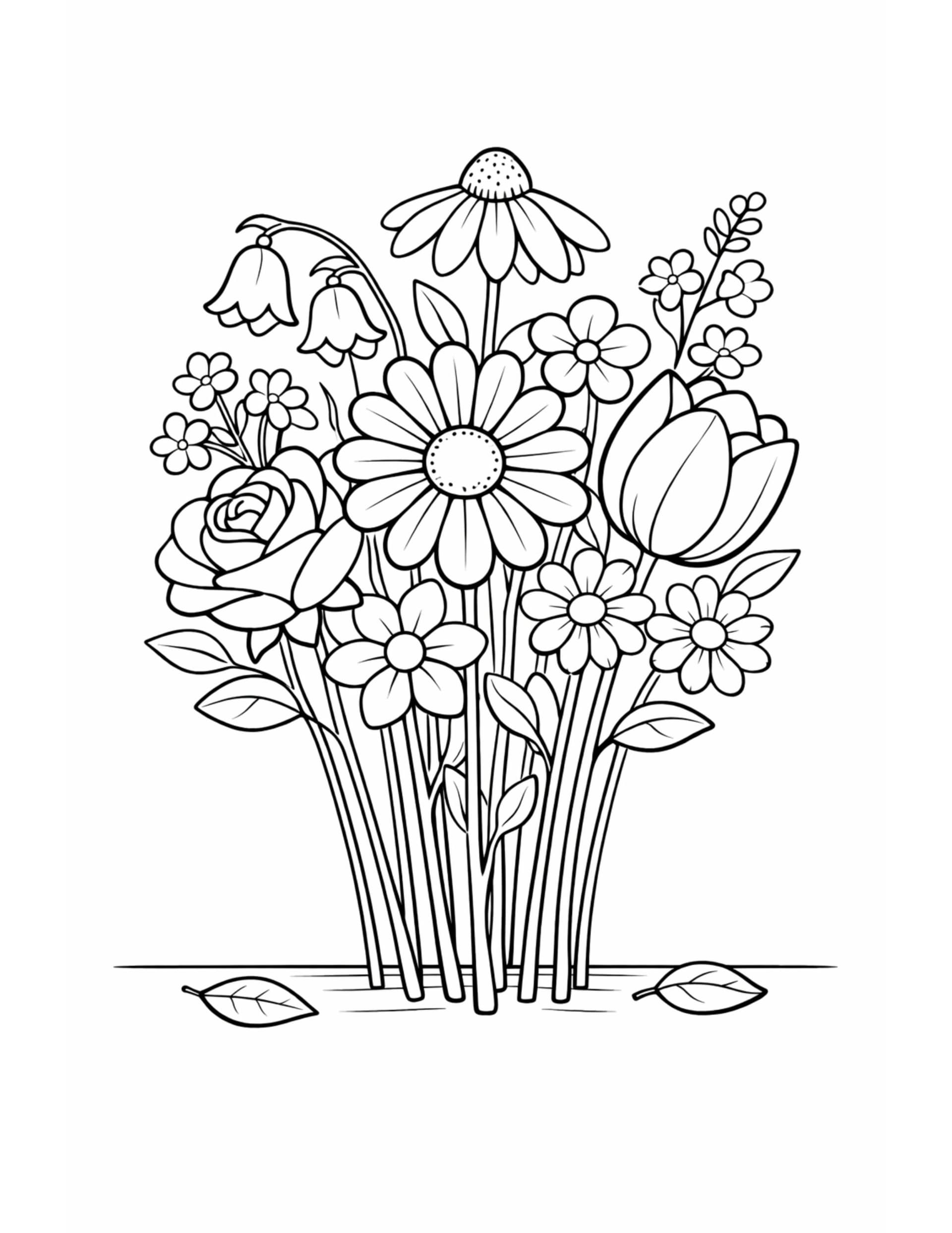 wildflower bouquet with mixed blooms coloring page with daisies, a tulip, a rose, bell flowers, and loose leaves coloring page