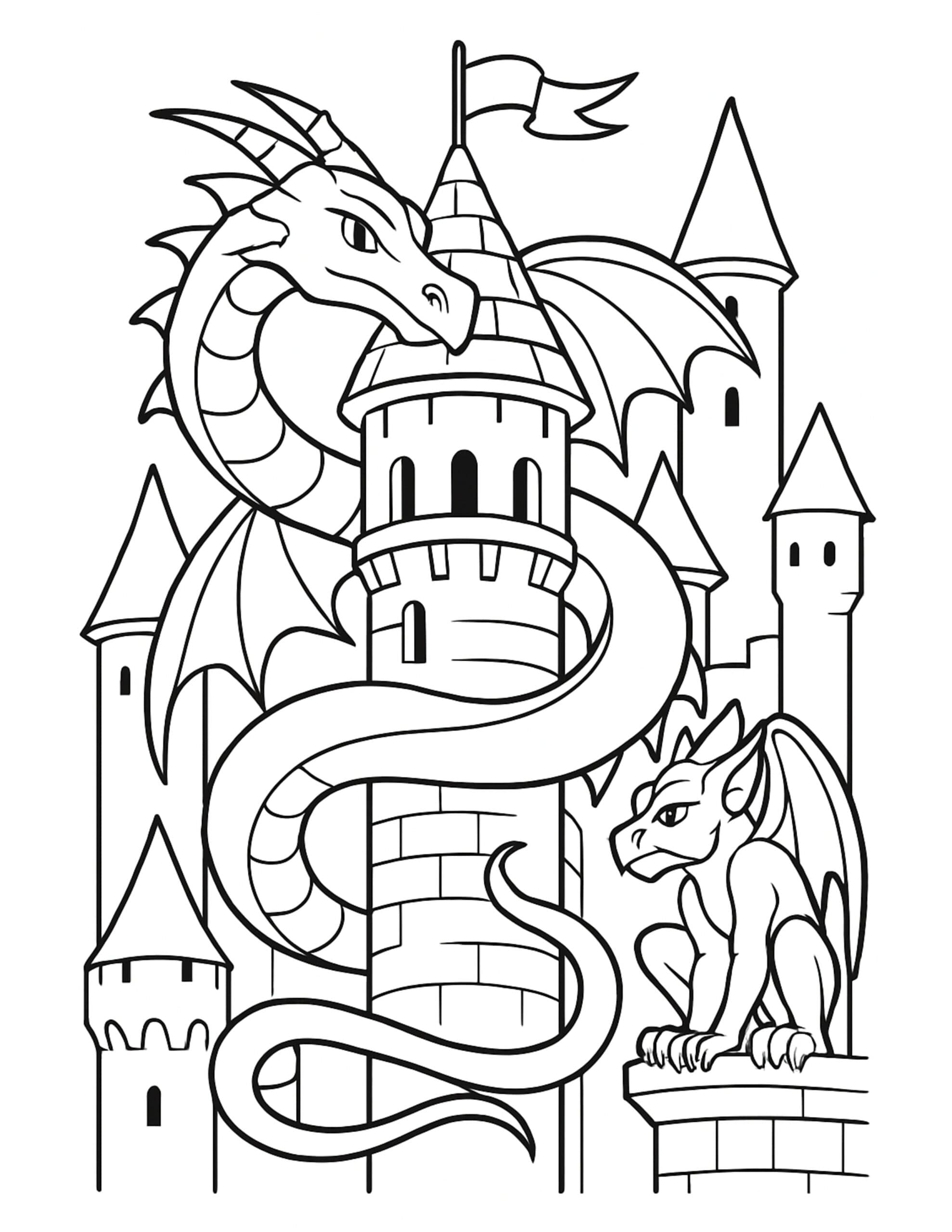 dragon coiled around castle tower coloring page, medieval turrets with a flag and a smaller dragon coloring page