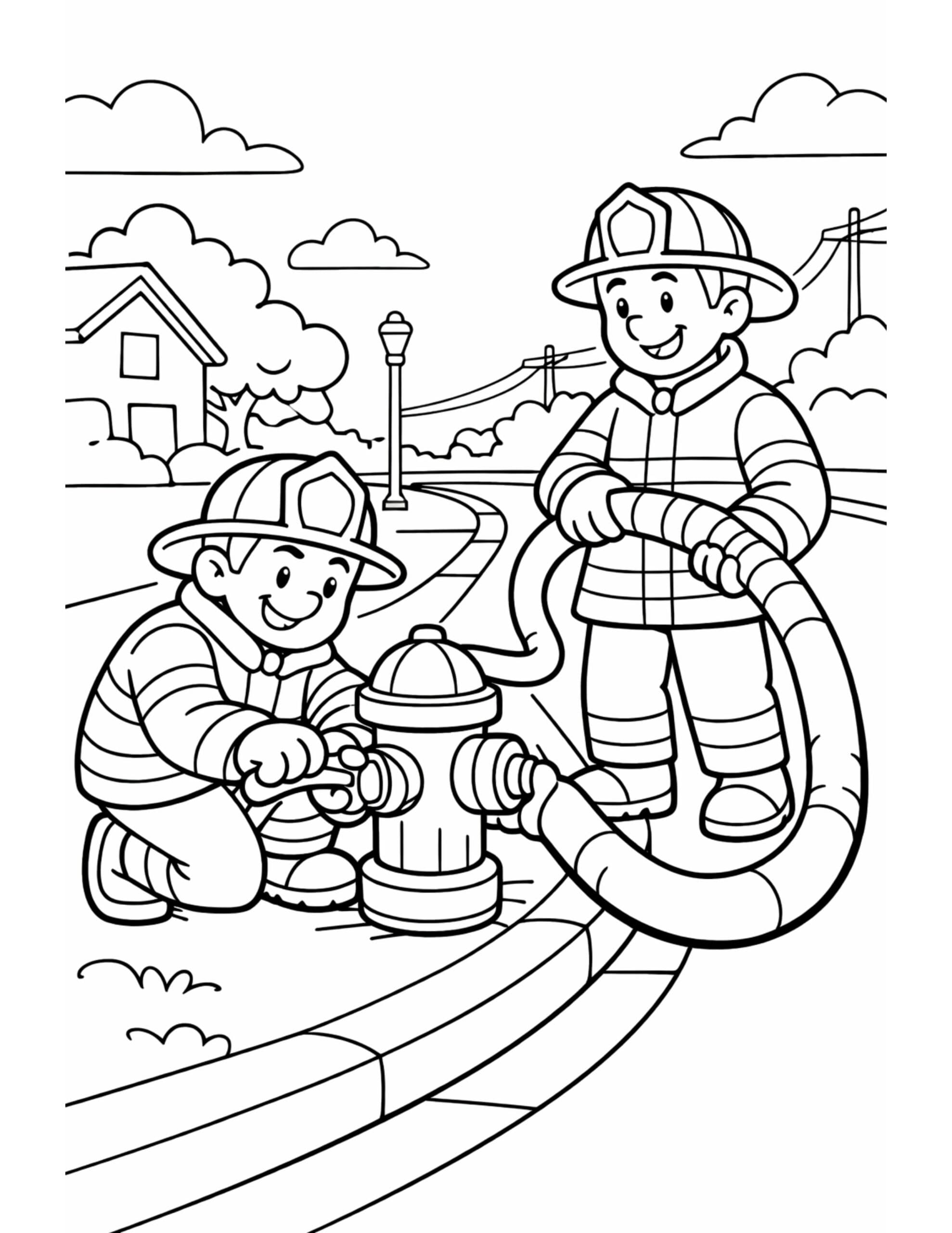 firefighters connecting hose to hydrant coloring page showing two smiling firefighters on a neighborhood street, line art