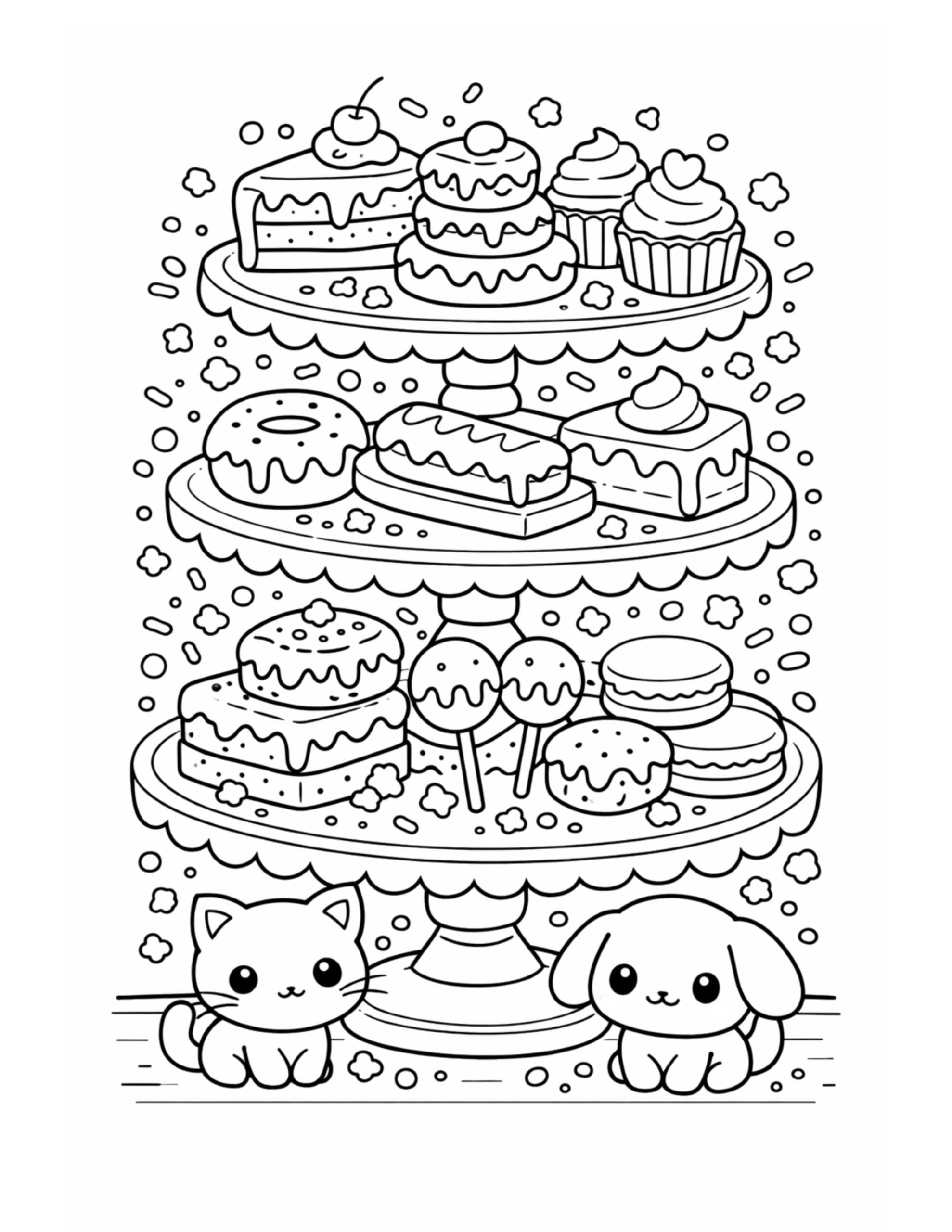 dessert stand with cat dog coloring page with a tiered treat display, cupcakes, donuts, and sprinkles coloring page
