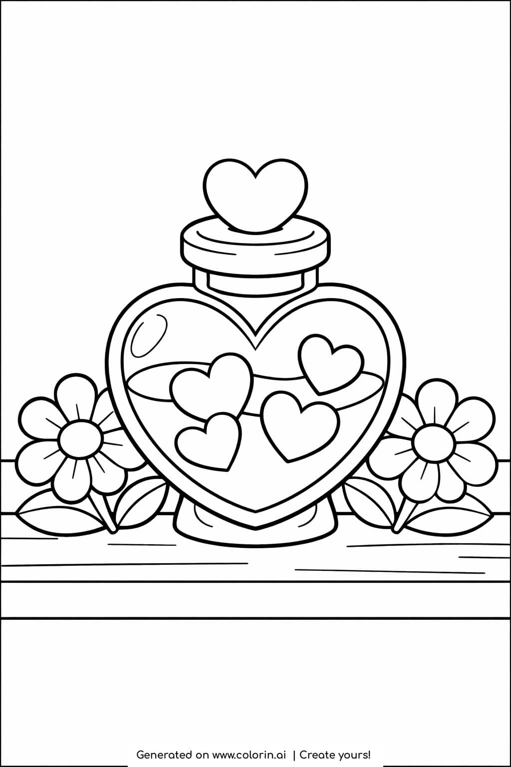 heart shaped jar with hearts inside coloring page with flowers on a table coloring page