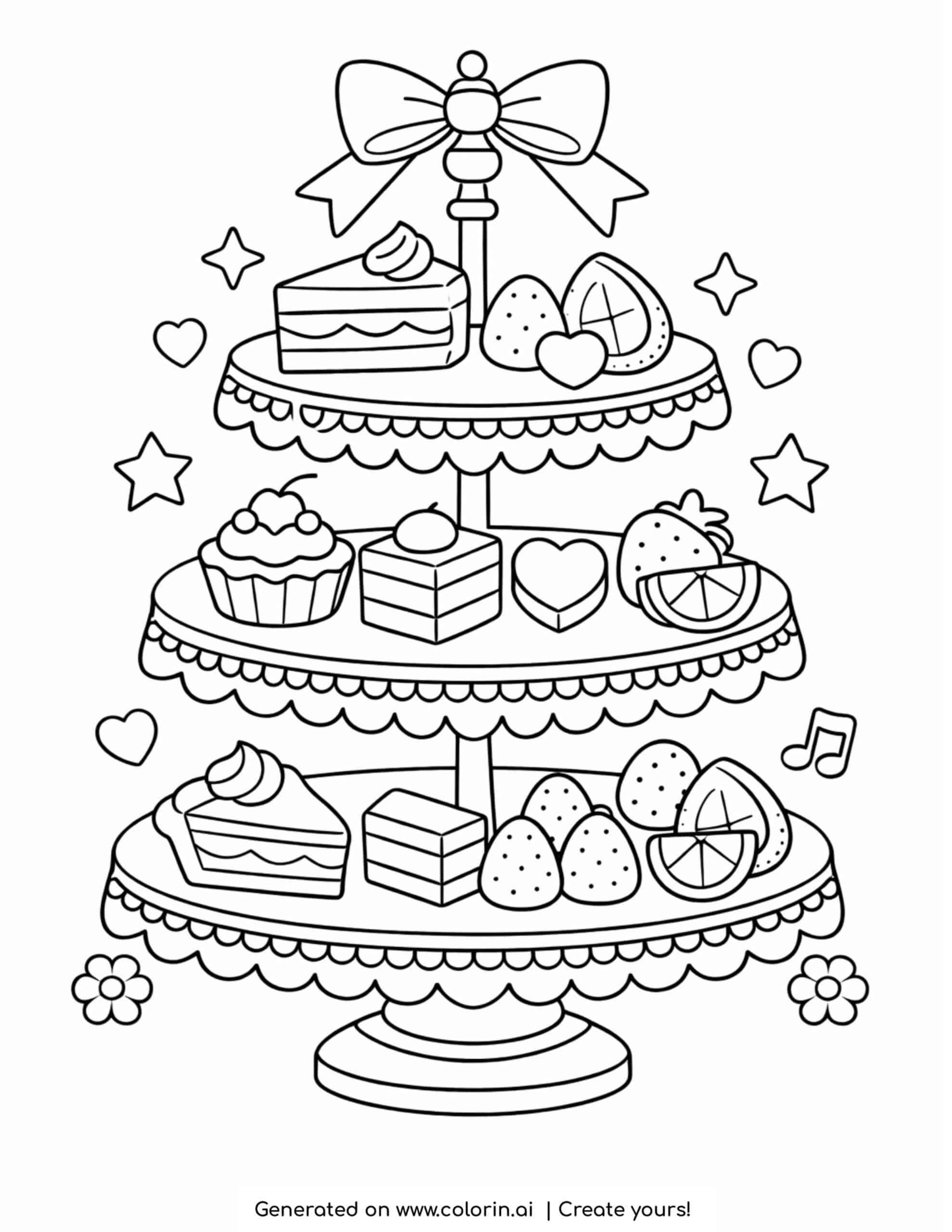 three tier dessert stand with cakes fruits and decorations coloring page