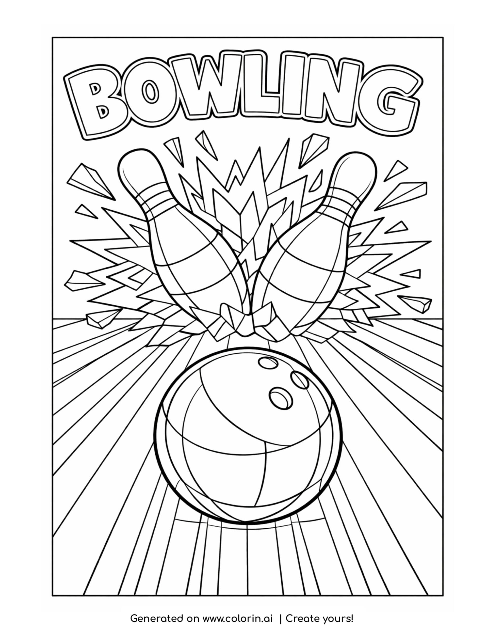 bowling ball hitting pins coloring page with pins bursting on impact