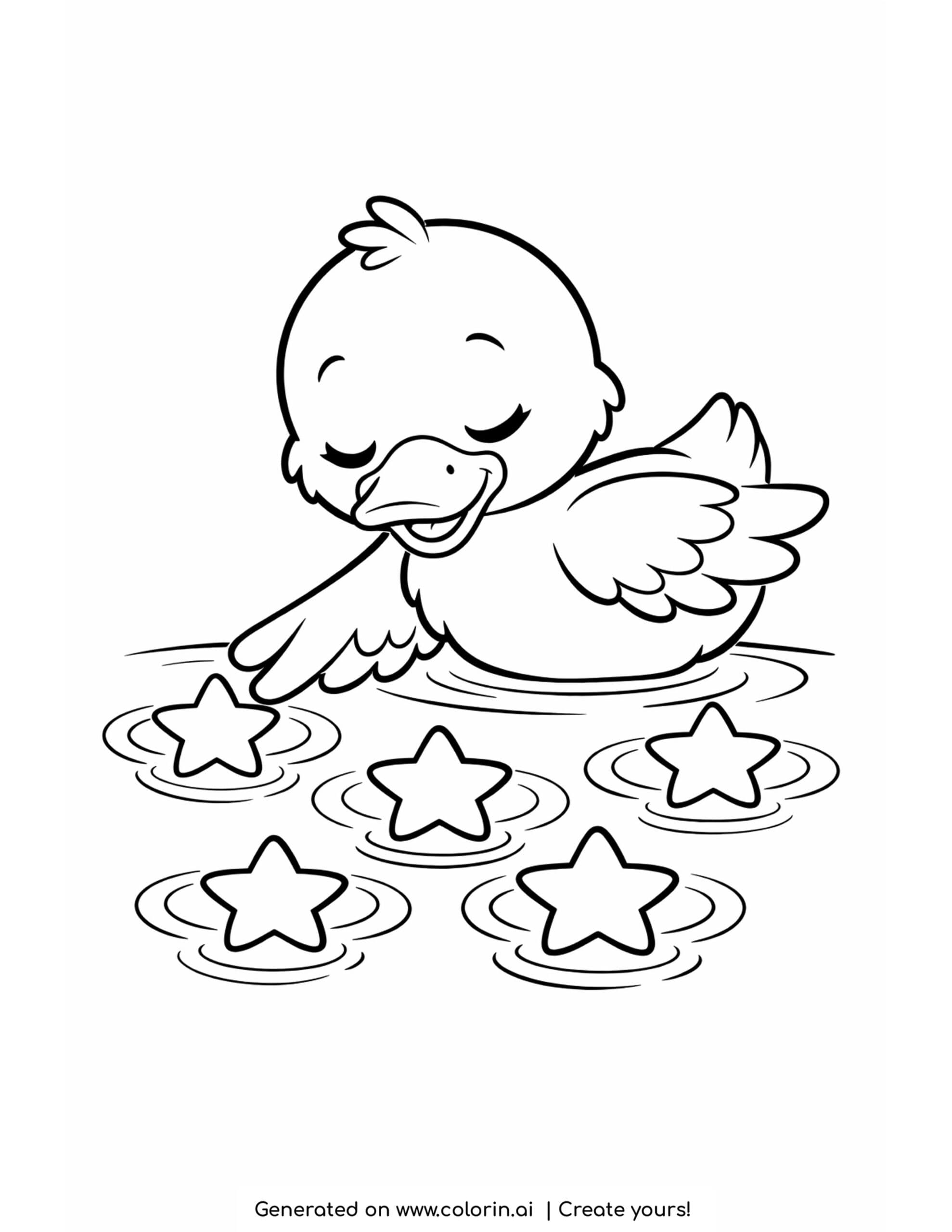 duck reaching for stars coloring page with floating star shapes on water