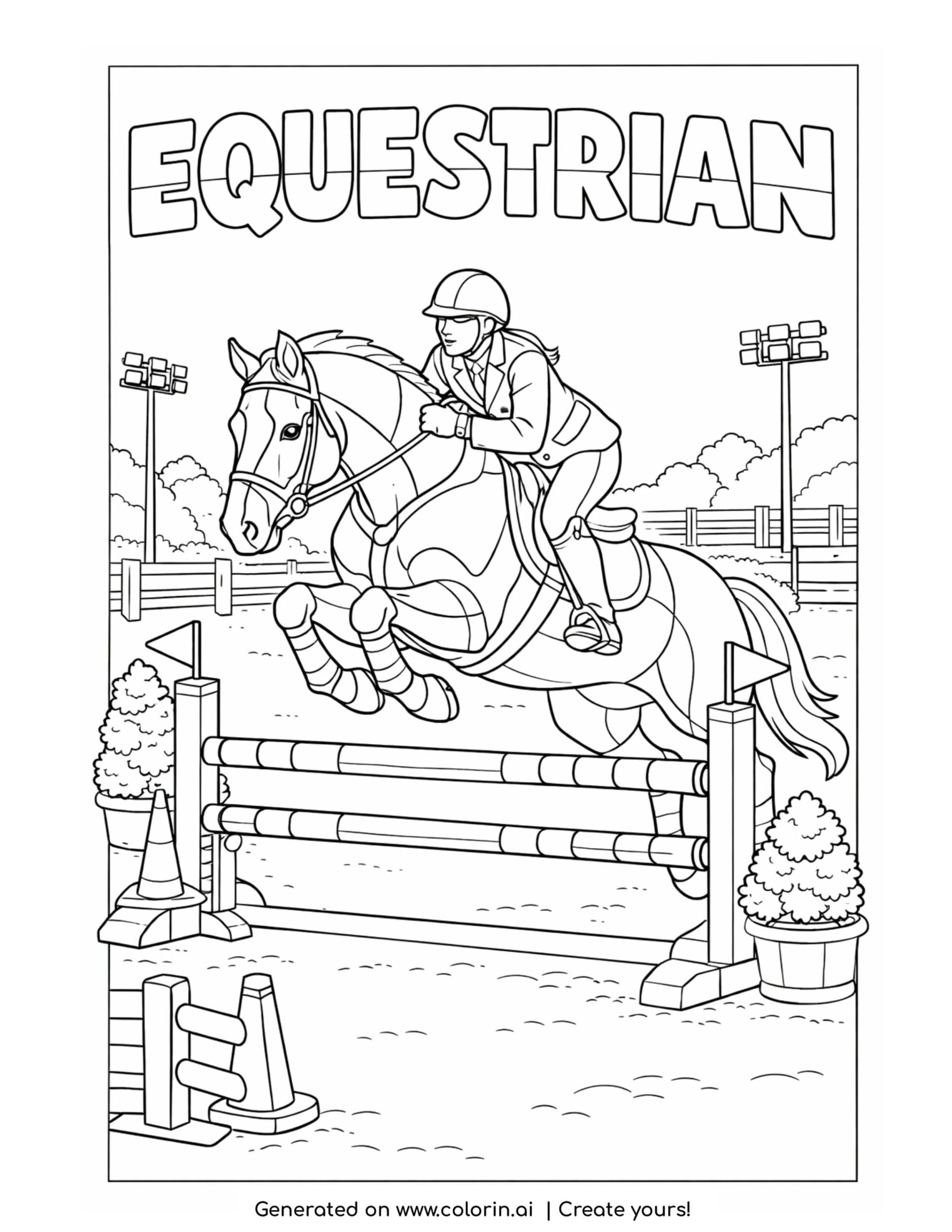 equestrian rider jumping over fence coloring page with horse and rider in arena