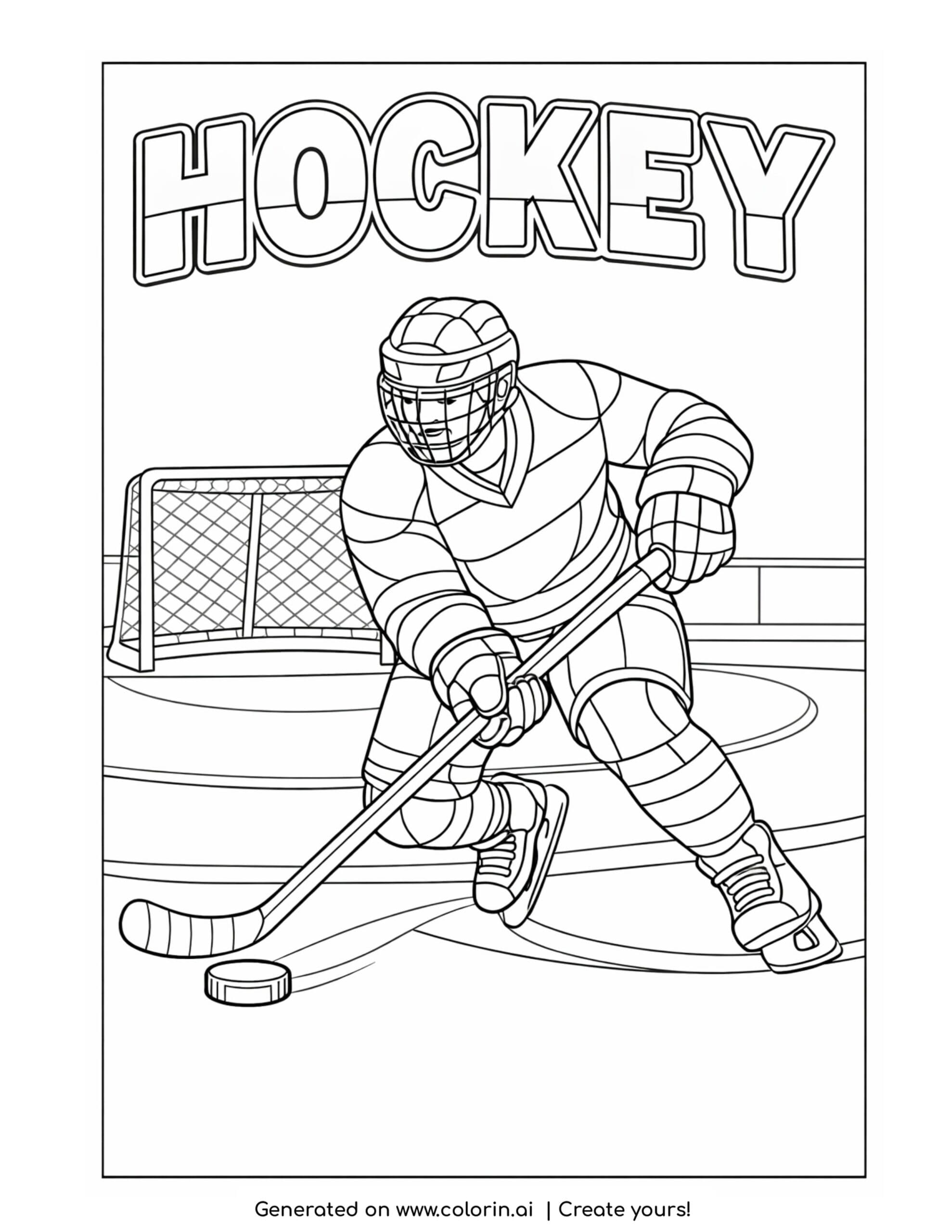 hockey player hitting puck coloring page with goal and ice rink background