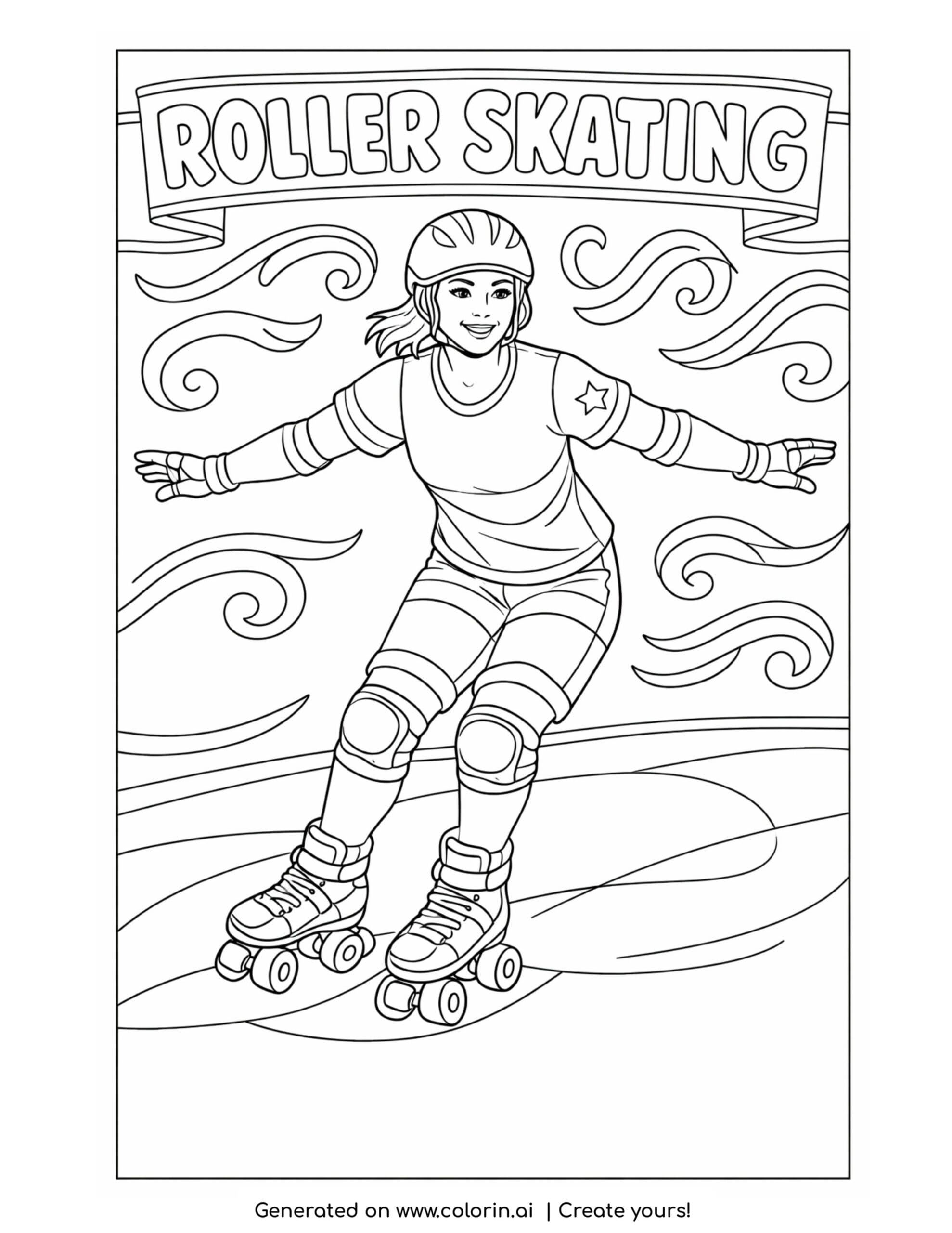 roller skating girl gliding forward coloring page with helmet and pads moving smoothly with swirl motion lines coloring page