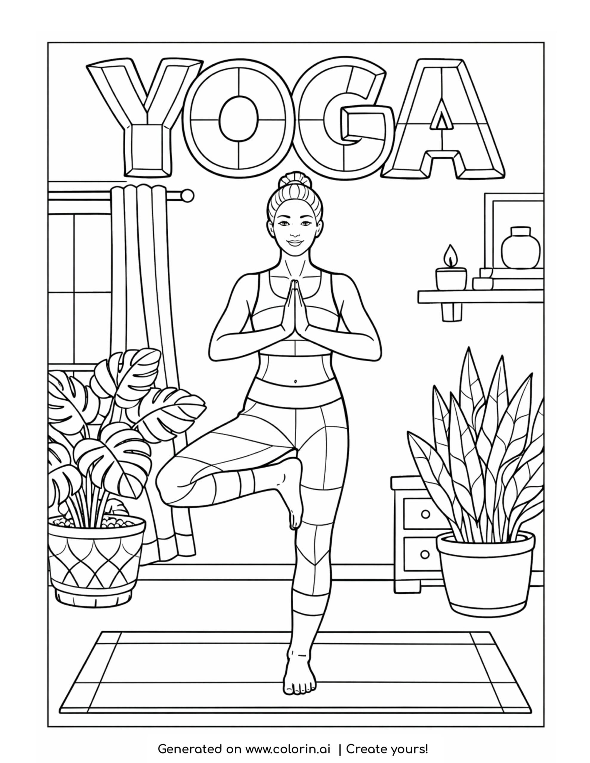 yoga woman balancing on one leg coloring page with indoor plants and calm pose