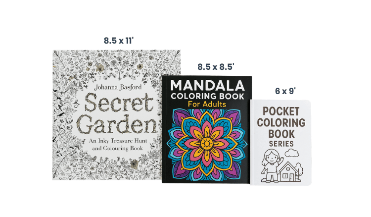 Photo of different coloring book sizes including US Letter, A4, and square format