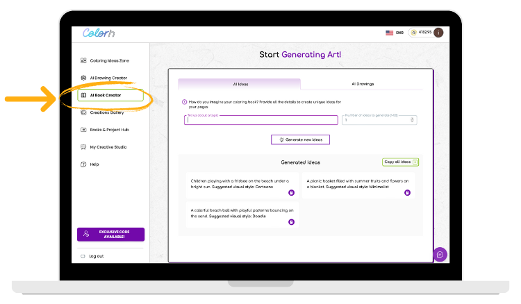 Colorin.ai bulk coloring book creator dashboard showing AI automation features