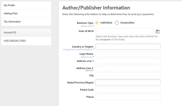 how to publish a coloring book on Amazon – KDP account setup screen for publishers