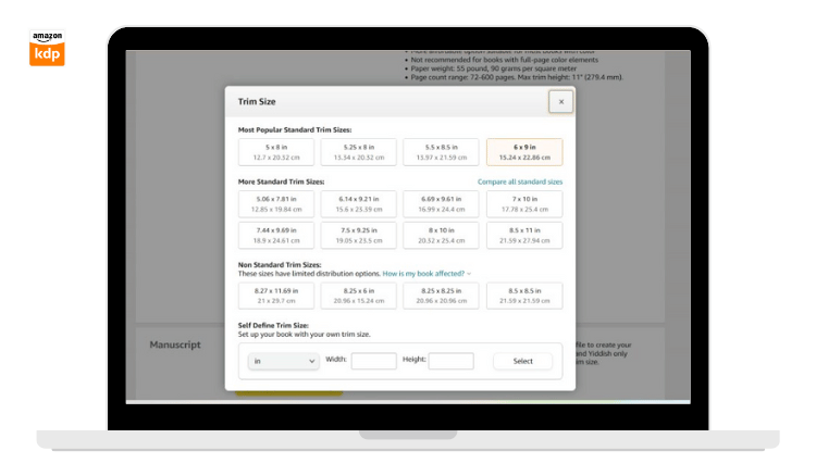 Amazon KDP interface with standard coloring book size options