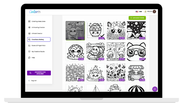 Bulk coloring book creator interface showing several pages generated using AI automation