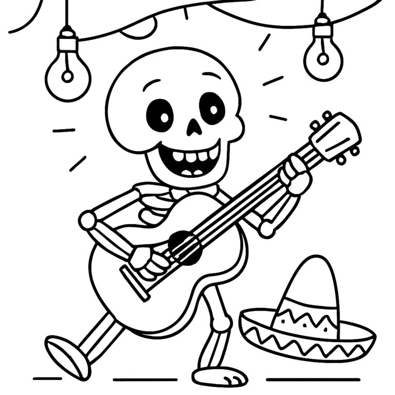 Coloring page of a skeleton wearing a sombrero and playing guitar