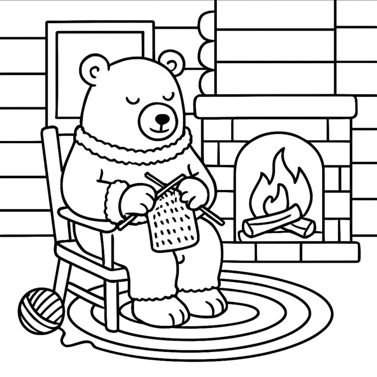 Coloring page of a bear knitting near a fireplace