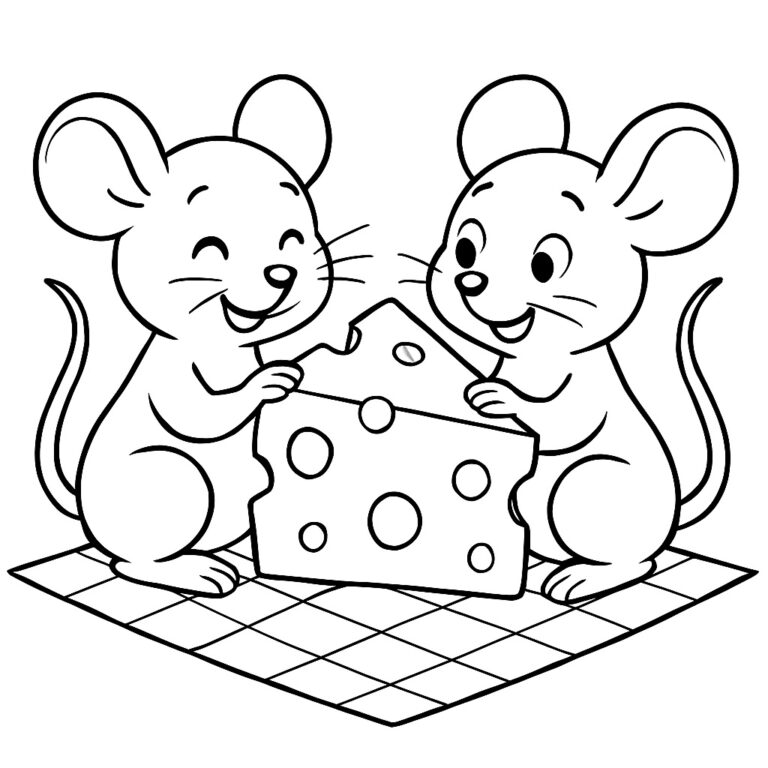 Coloring page of two mice eating cheese on a picnic blanket