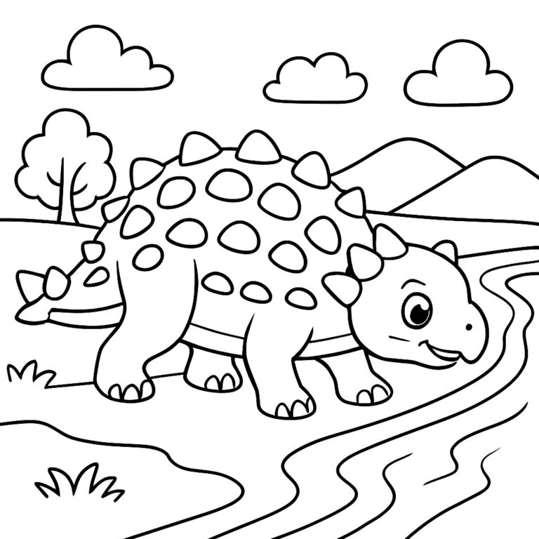 Coloring page of an ankylosaurus dinosaur near a river