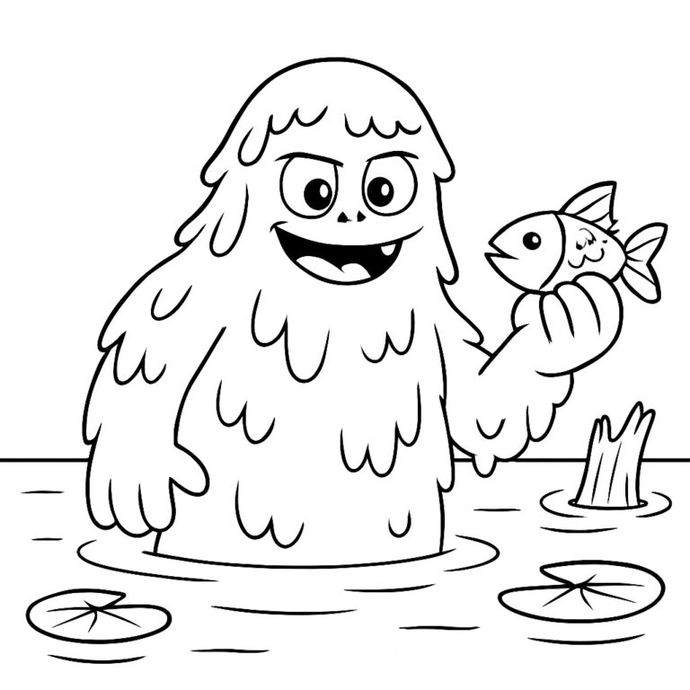 Coloring page of a furry monster holding a fish in a pond