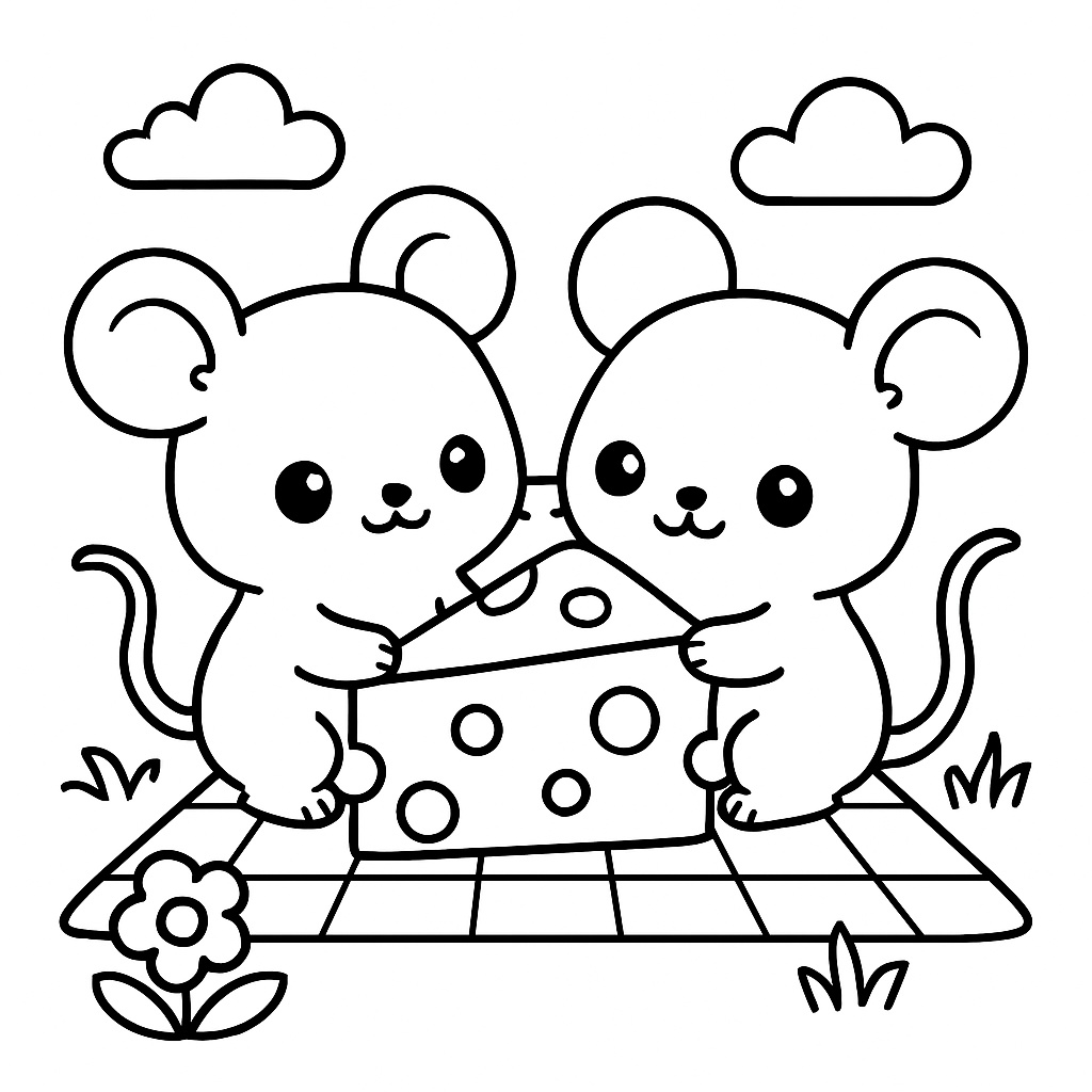 Coloring page of two mice holding cheese in a garden