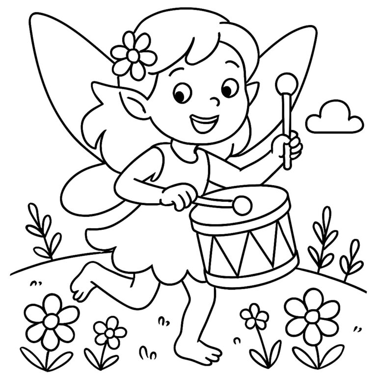 Coloring page of a fairy playing a drum surrounded by flowers