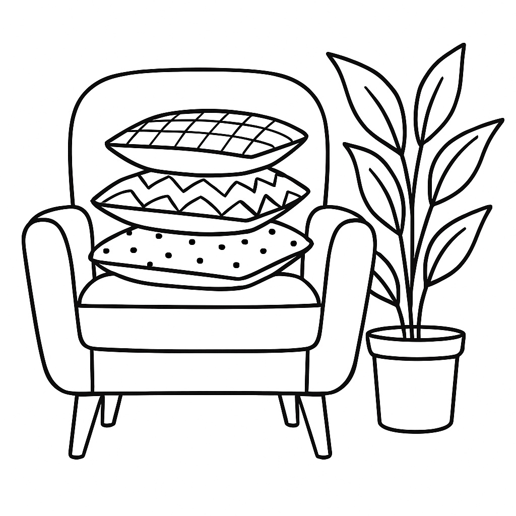 Coloring page of a cozy chair with pillows next to a plant