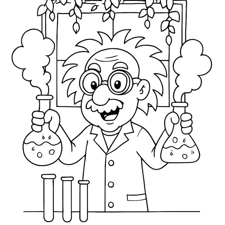 Coloring page of a mad scientist holding test tubes in a lab