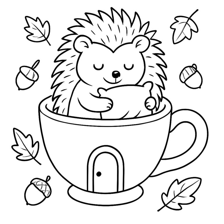 Coloring page of a cute hedgehog sitting inside a teacup surrounded by autumn leaves