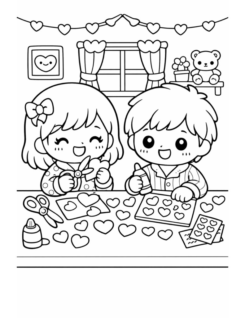 kids making valentines cards coloring page, two kids crafting heart cards with scissors and glue at a table, coloring page