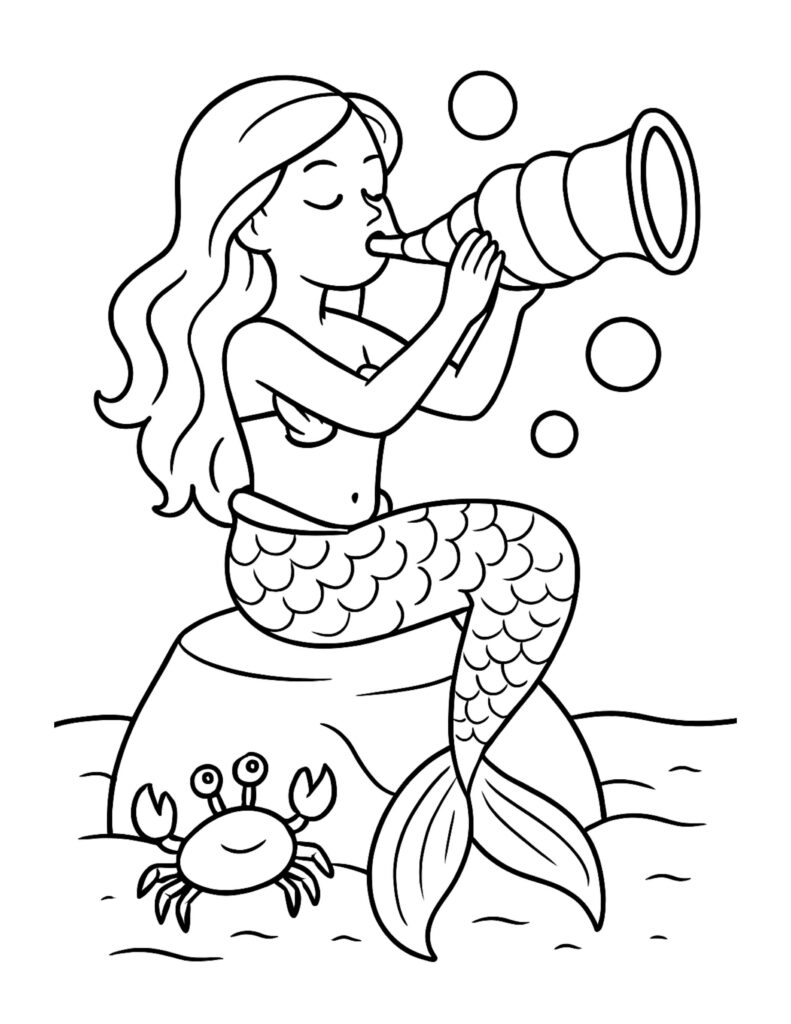 mermaid blowing a conch coloring page with bubbles, a rock seat, and a smiling crab in the sea coloring page