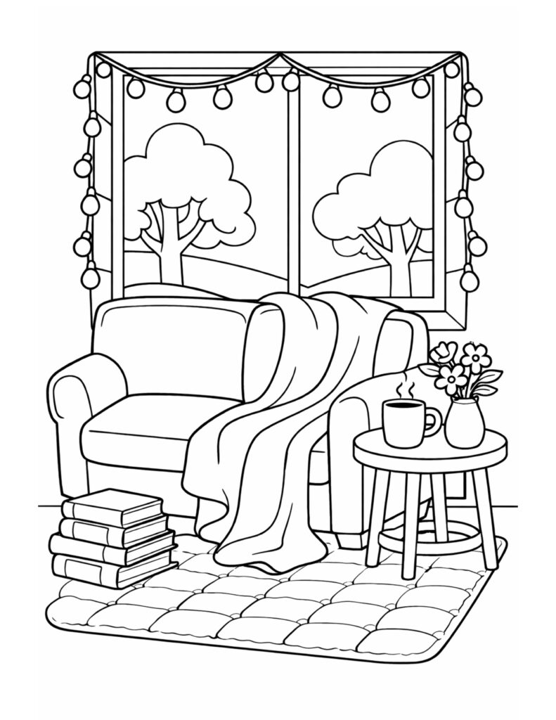 armchair reading corner by window coloring page with blanket books and warm indoor details coloring page
