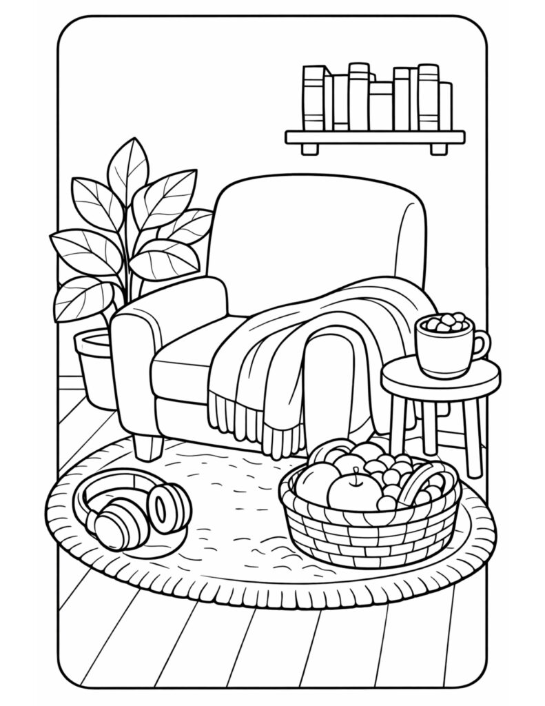 armchair with blanket and cocoa coloring page featuring a mug on a side table, fruit basket, and headphones coloring page