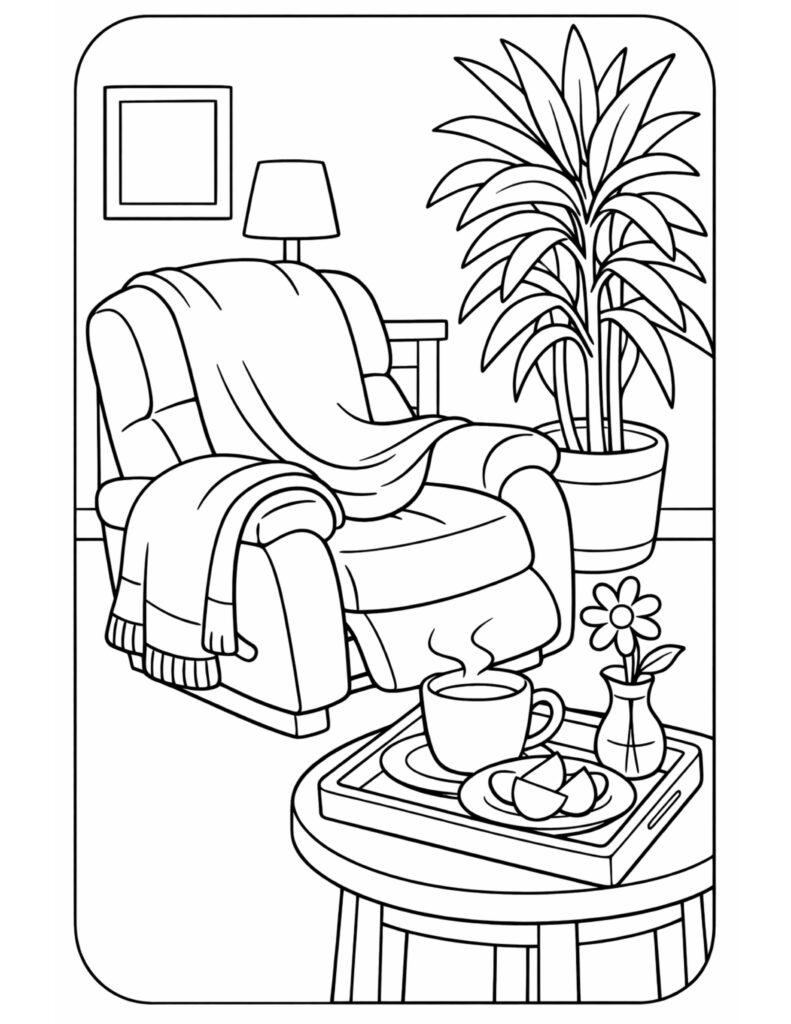 armchair with tea tray coloring page featuring a throw blanket, steaming mug, and tall potted plant coloring page