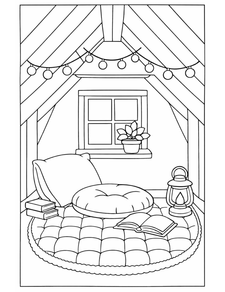 attic reading nook with lantern coloring page featuring floor cushion, books, window plant, and string lights coloring page